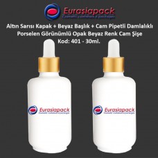 Porselen Görünümlü 30ml. Cam Pipet + Altın Sarısı Kapak + Beyaz Başlıklı Damlalıklı Şişe