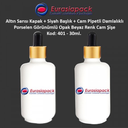 Porselen Görünümlü 30ml. Cam Pipet + Altın Sarısı Kapak + Siyah Başlıklı Damlalıklı Şişe