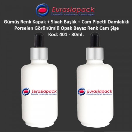 Porselen Görünümlü 30ml. Cam Pipet + Gümüş Renk Kapak + Siyah Başlıklı Damlalıklı Şişe