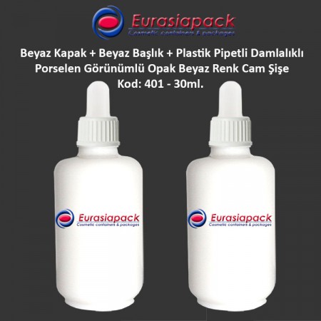 Porselen Görünümlü 30ml. Plastik Pipet + Beyaz Plastik Kapak + Beyaz Başlıklı Damlalıklı Şişe