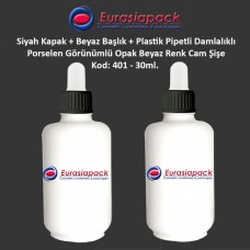 Porselen Görünümlü 30ml. Plastik Pipet + Siyah Plastik Kapak + Beyaz Başlıklı Damlalıklı Şişe