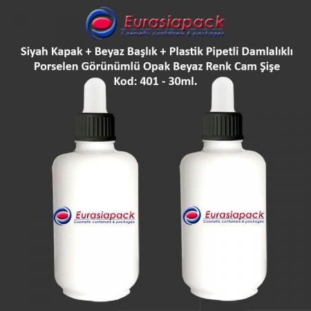 Porselen Görünümlü 30ml. Plastik Pipet + Siyah Plastik Kapak + Beyaz Başlıklı Damlalıklı Şişe