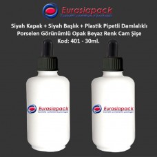 Porselen Görünümlü 30ml. Plastik Pipet + Siyah Plastik Kapak + Siyah Başlıklı Damlalıklı Şişe